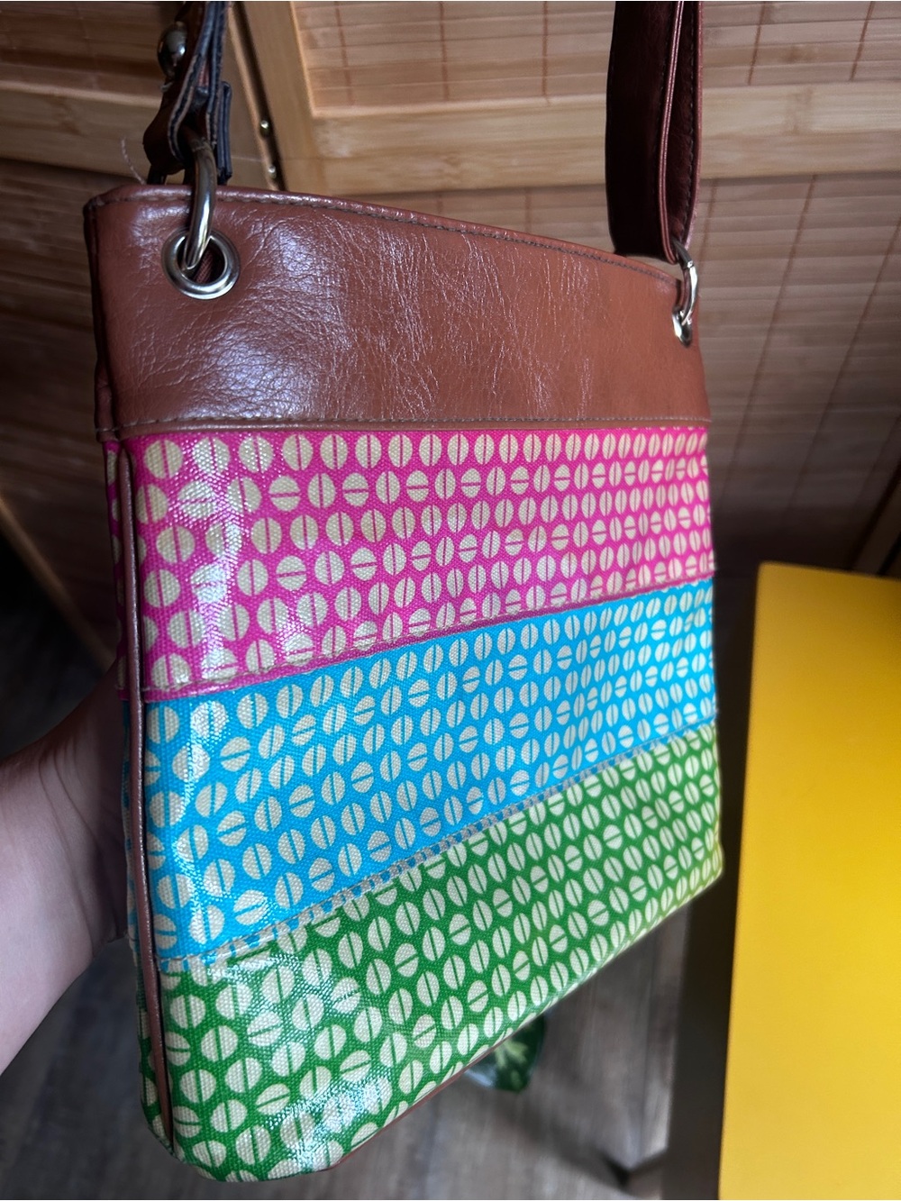 Colorblock Patterned Crossbody Bag with Brown Trim - Pink, Blue, Green